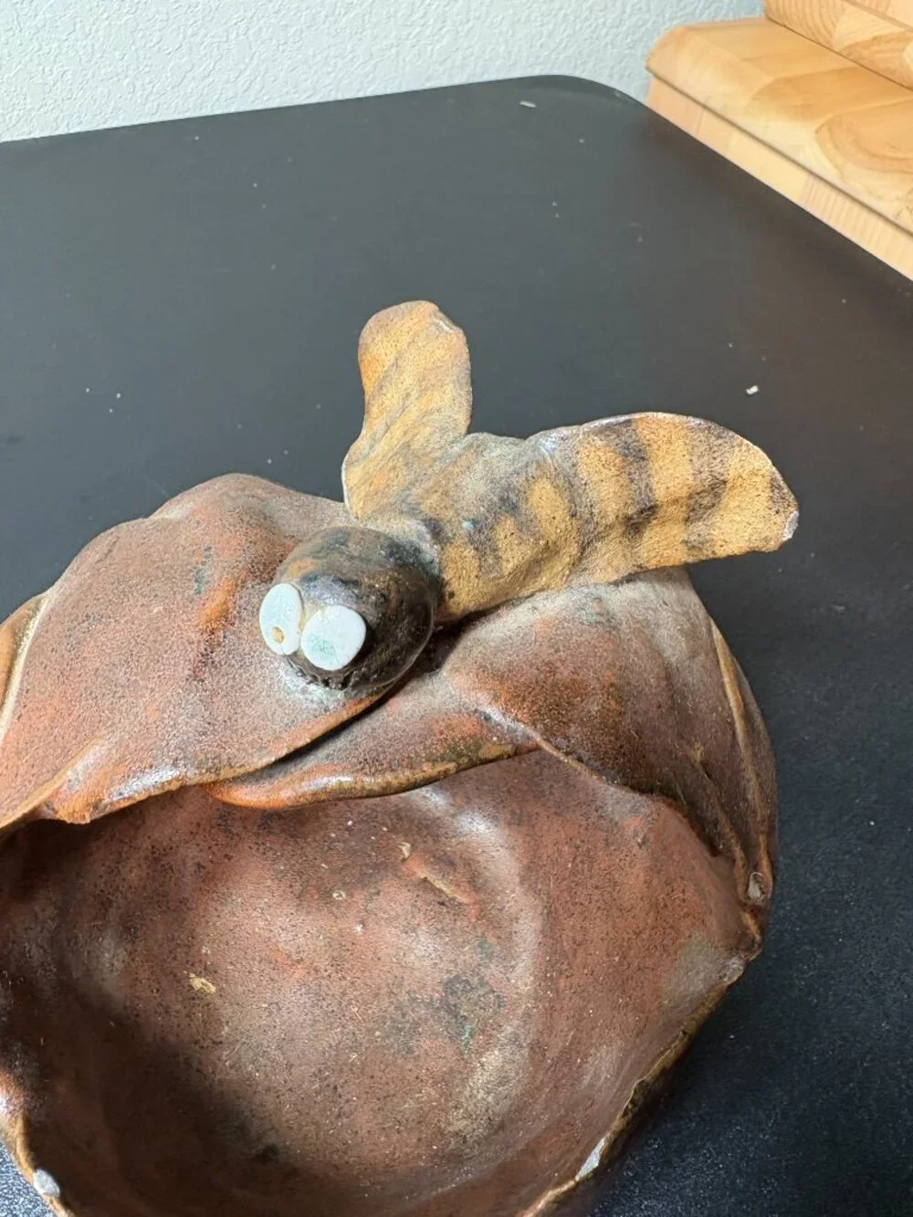 Vintage Primitive Handmade Ceramic Basket with Bumble Bee